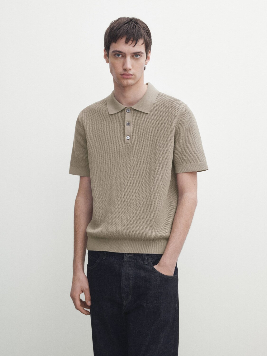 

Свитер-поло фактурной вязки с короткими рукавами Massimo Dutti, хаки