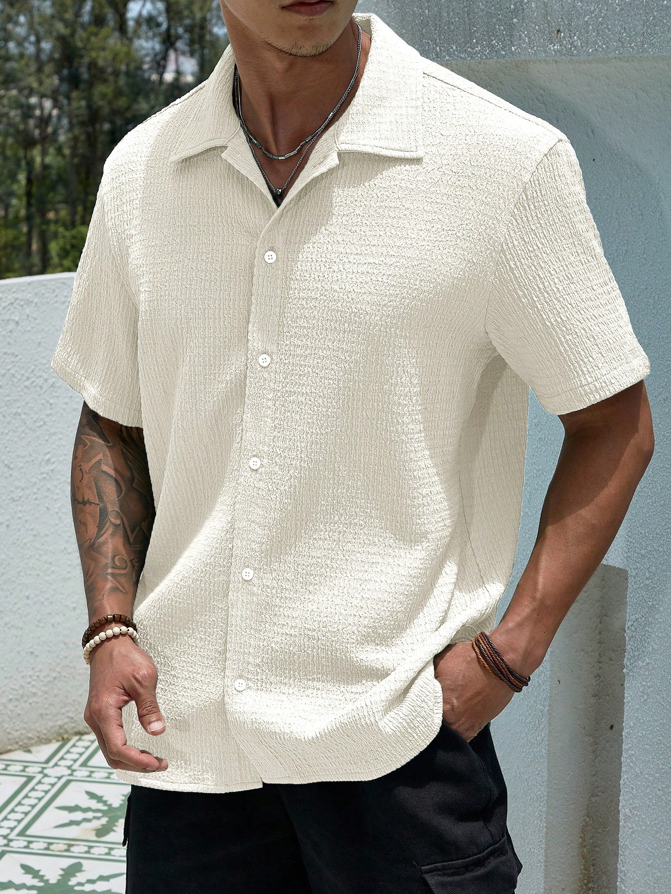 Мужская текстурированная рубашка на пуговицах с коротким рукавом Manfinity Homme, белый рубашка мужская однотонная свободного покроя хлопок длинный рукав винтажная универсальная модная блузка на пуговицах одежда оверсайз