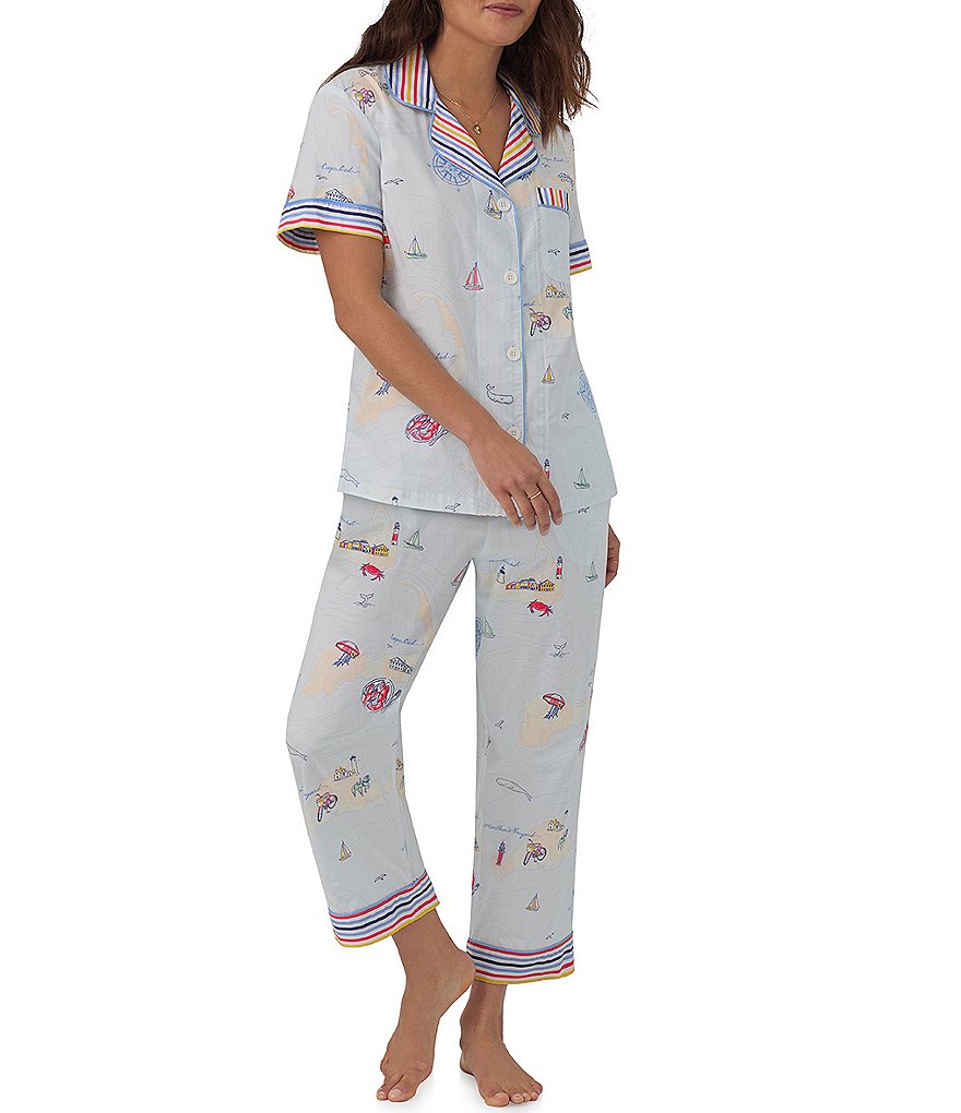 Пижама BedHead с короткими рукавами и воротником-стойкой, тканый укороченный пижамный комплект с морским принтом BedHead Pajamas, мультиколор