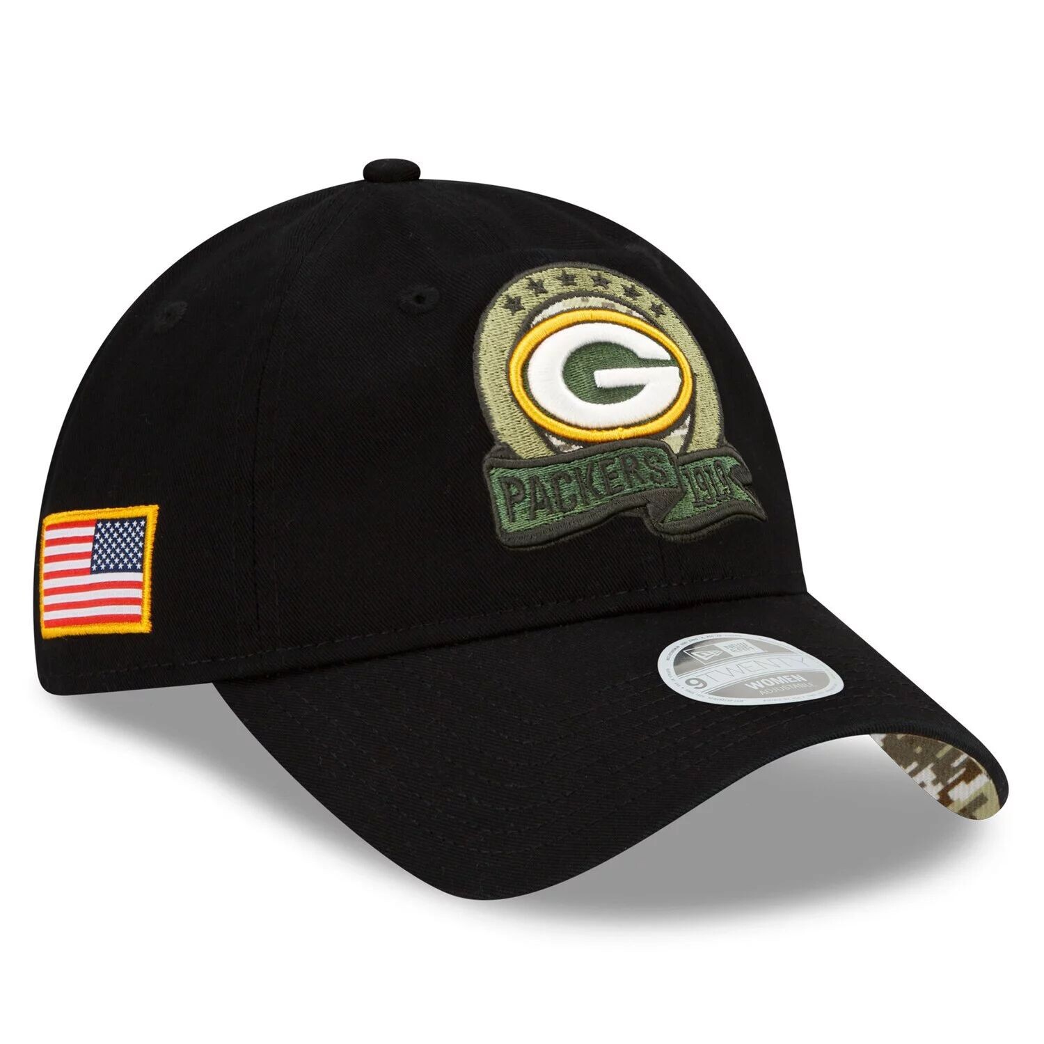 

Женская регулируемая кепка New Era Black Green Bay Packers 2022 Salute To Service 9TWENTY New Era