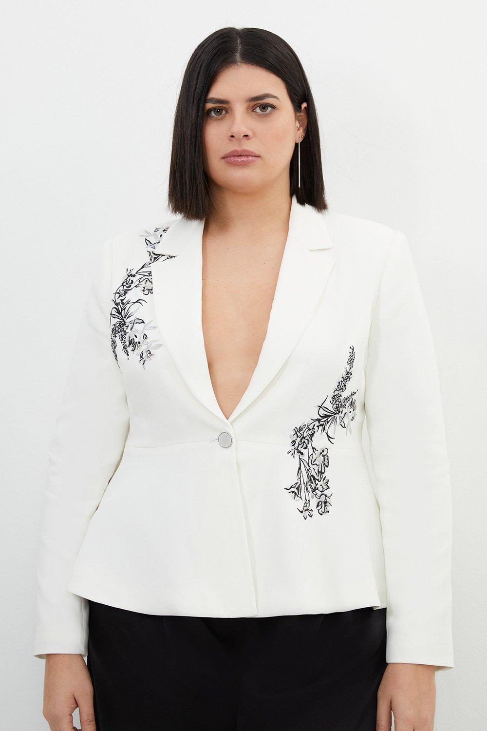 Плюс размер Компактный пиджак из вискозы с вышивкой и баской Karen Millen, белый