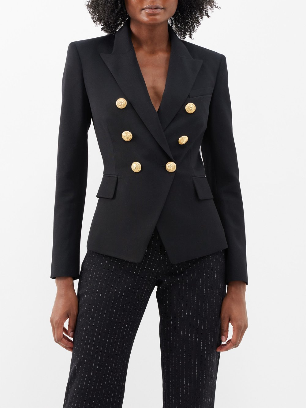 Двубортный пиджак из натуральной шерсти и твила Balmain, черный пиджак двубортный объемный zara черный