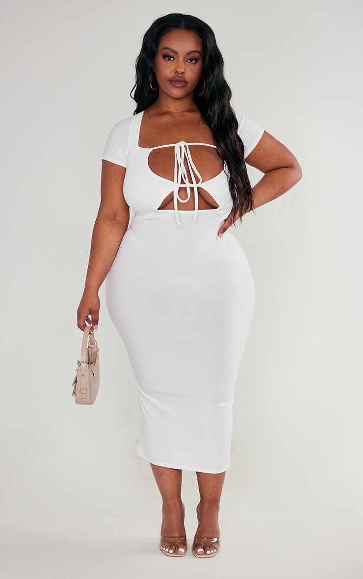 

PrettyLittleThing Кремовое платье миди из мягкого джерси с вырезом и грудью
