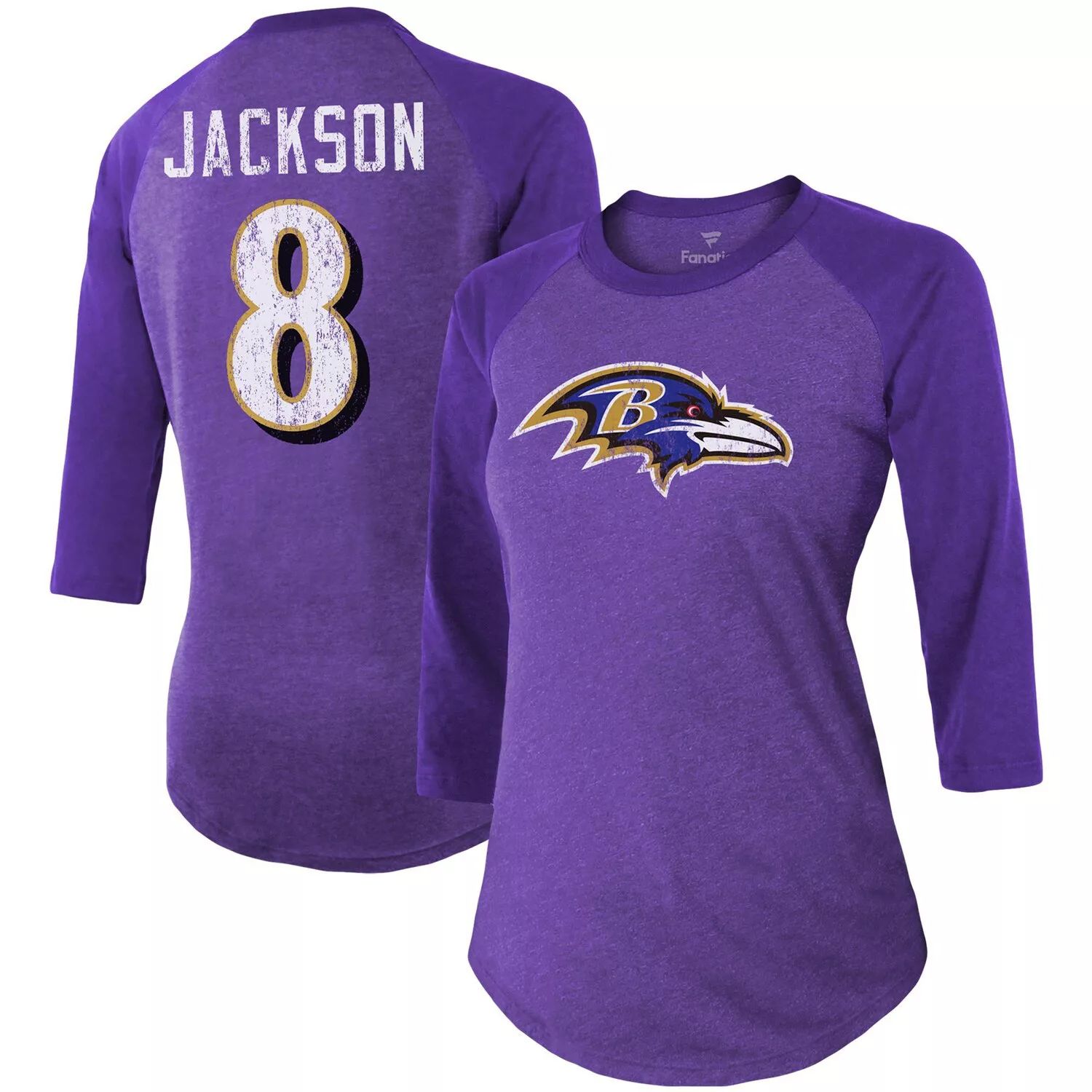 Женская футболка Fanatics с фирменным логотипом Lamar Jackson Purple Baltimore Ravens Team, имя и номер игрока, футболка из трехслойного реглан с рукавами 3/4 Majestic