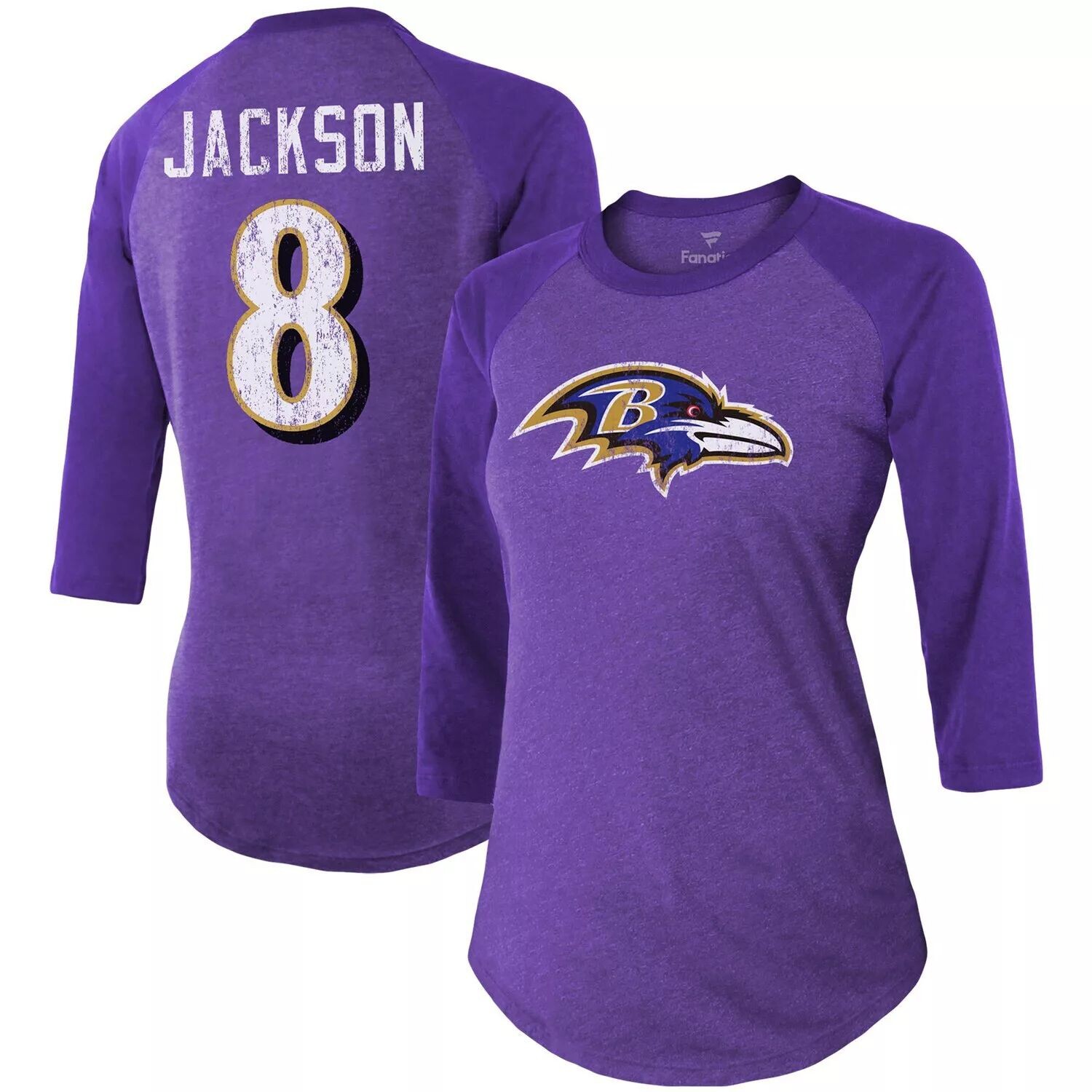

Женская футболка Fanatics с фирменным логотипом Lamar Jackson Purple Baltimore Ravens Team, имя и номер игрока, футболка из трехслойного реглан с рукавами 3/4 Majestic