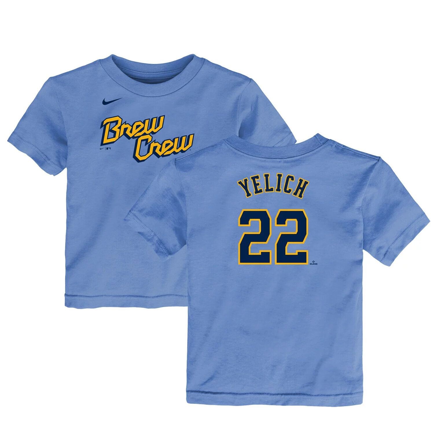 

Футболка Nike Christian Yelich Powder Blue Milwaukee Brewers 2022 City Connect для малышей с именем и номером Nike