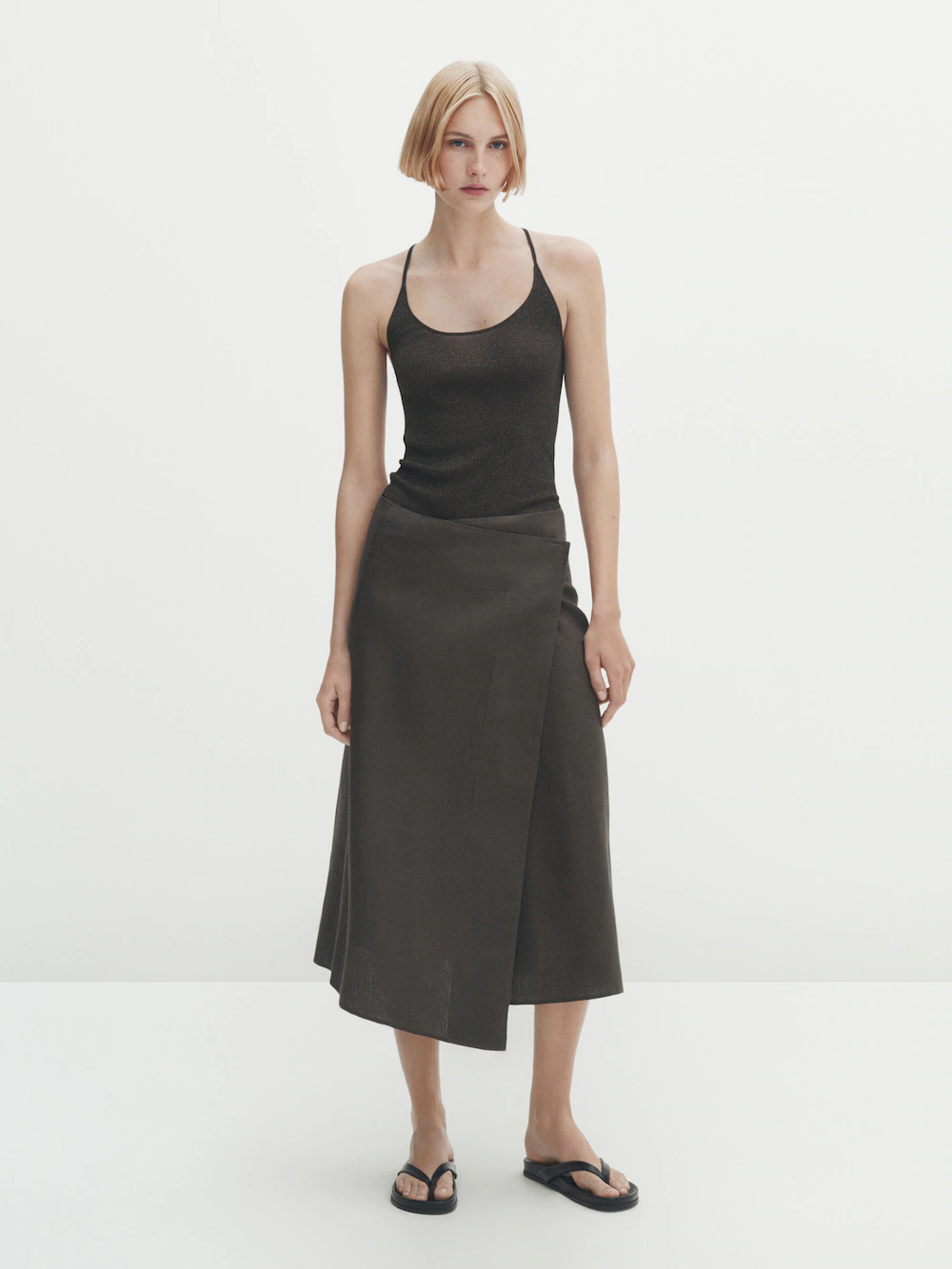 

Асимметричная льняная юбка миди Massimo Dutti, хаки