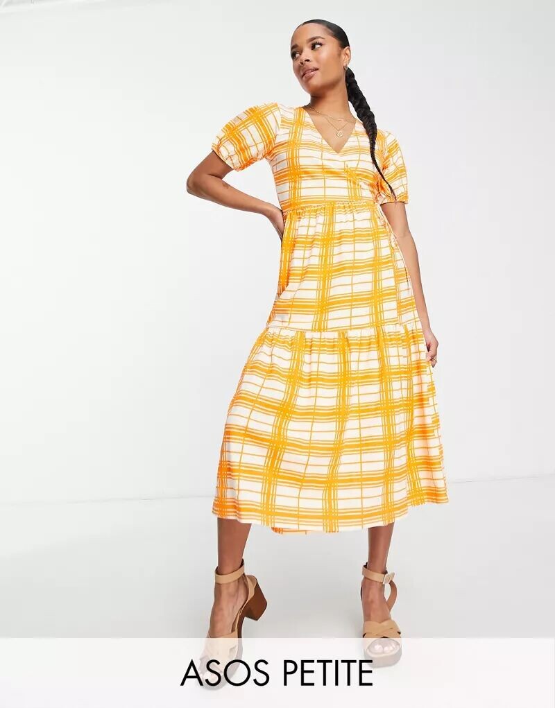 

Оранжевое платье миди с запахом и объемными рукавами ASOS DESIGN Petite