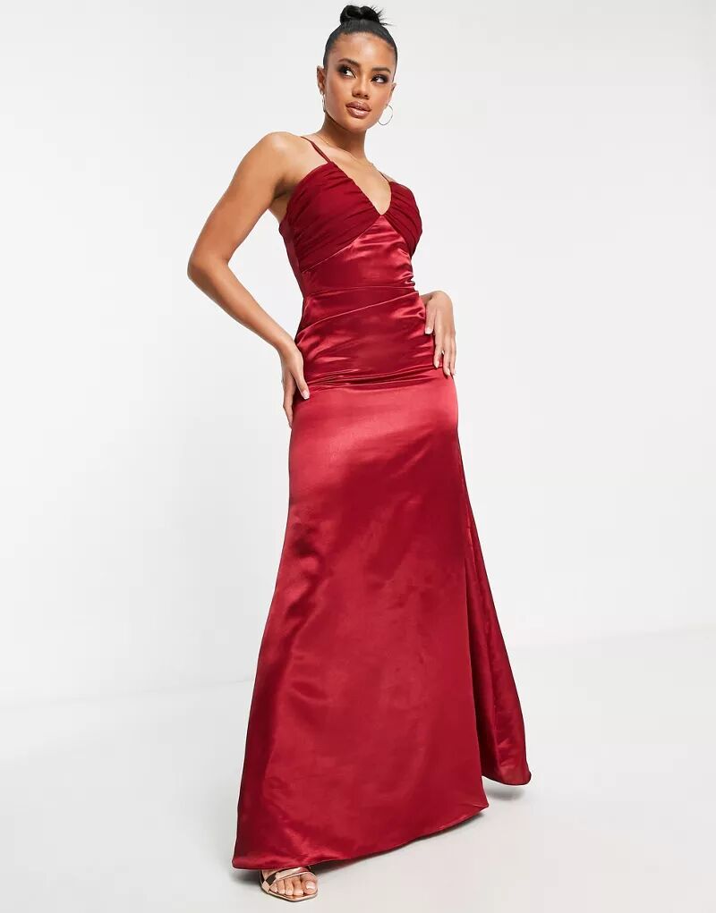 Красное атласное платье макси с v-образным вырезом VL The Label