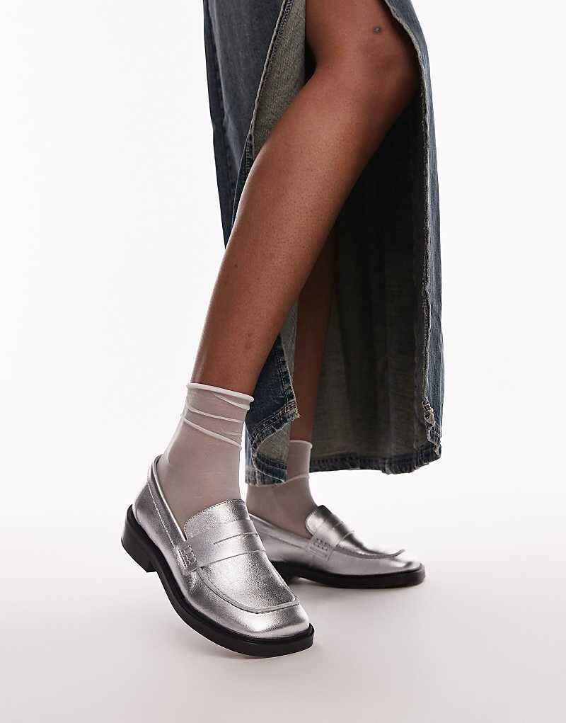 

Кожаные лоферы Topshop Cole Premium серебристого цвета с квадратным носком