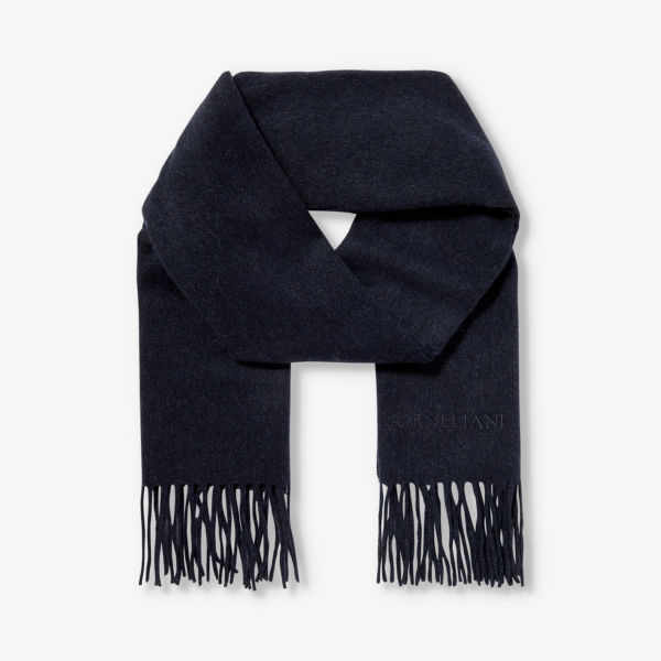 Кашемировый шарф с фирменной вышивкой и бахромой Corneliani, темно-синий