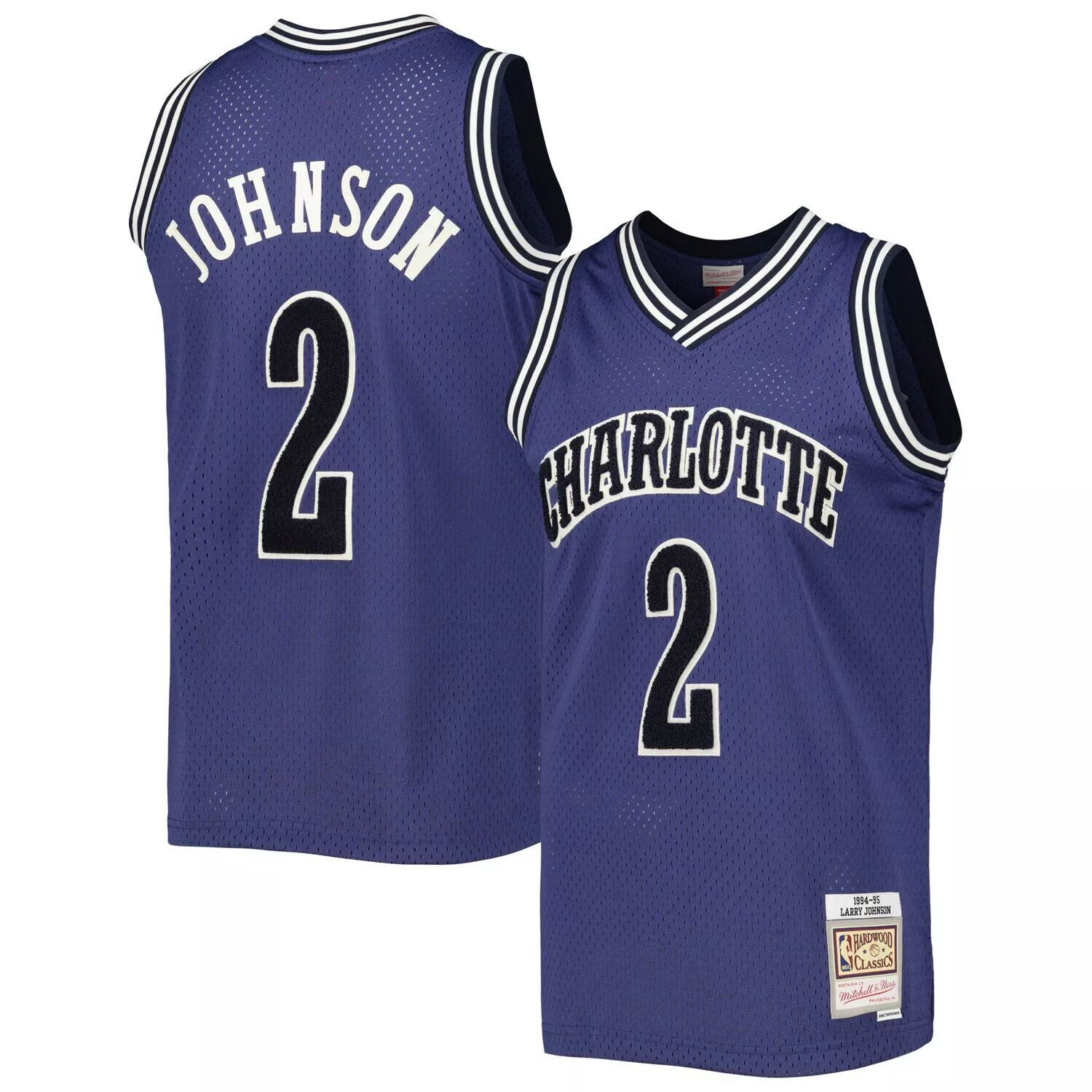 

Мужская синяя классическая майка вне корта Swingman Mitchell & Ness Larry Johnson Charlotte Hornets Hardwood Classics