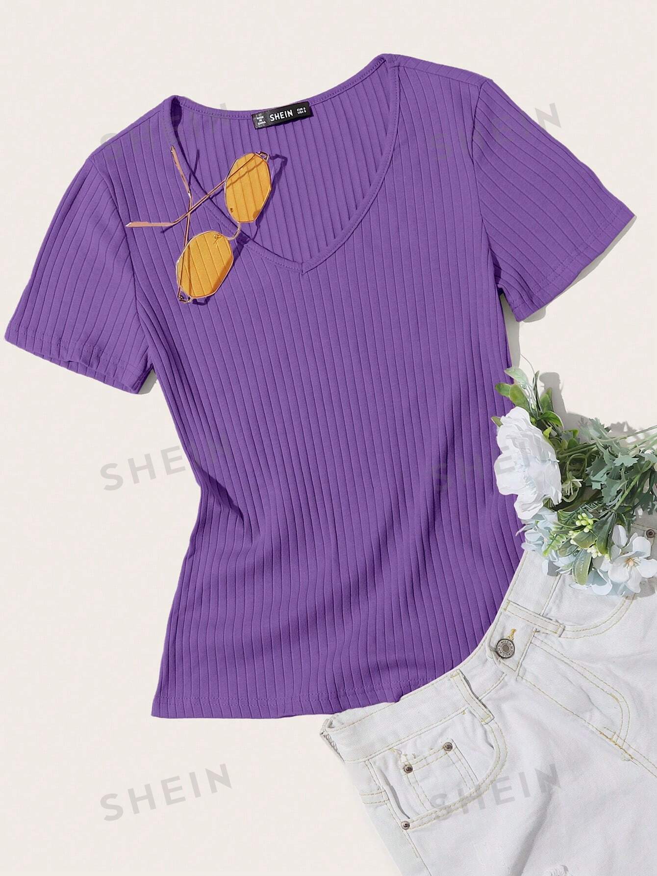 SHEIN Essnce однотонная повседневная трикотажная футболка в рубчик с короткими рукавами, фиолетовый фиолетовый