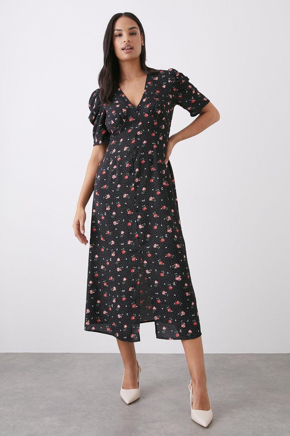 

Платье миди на пуговицах черного цвета с розами Dorothy Perkins, черный