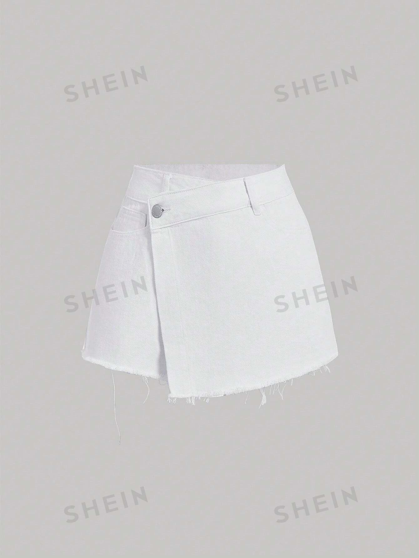 SHEIN MOD женские однотонные повседневные джинсовые шорты с потертым краем, белый женские джинсовые шорты летние модные однотонные джинсовые шорты с карманами женские повседневные прямые джинсовые шорты на шнуровке с в