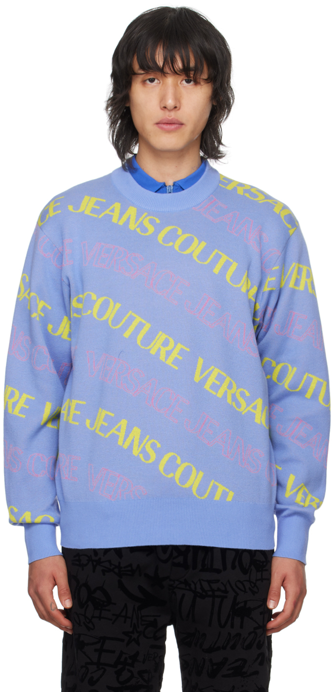 Синий жаккардовый свитер Versace Jeans Couture