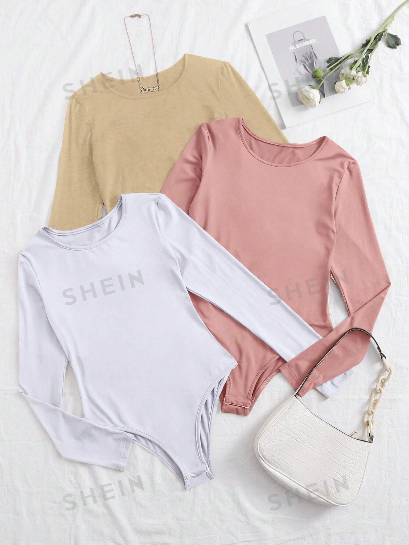 SHEIN Essnce Трехцветное облегающее боди-футболка с длинными рукавами, многоцветный цена и фото