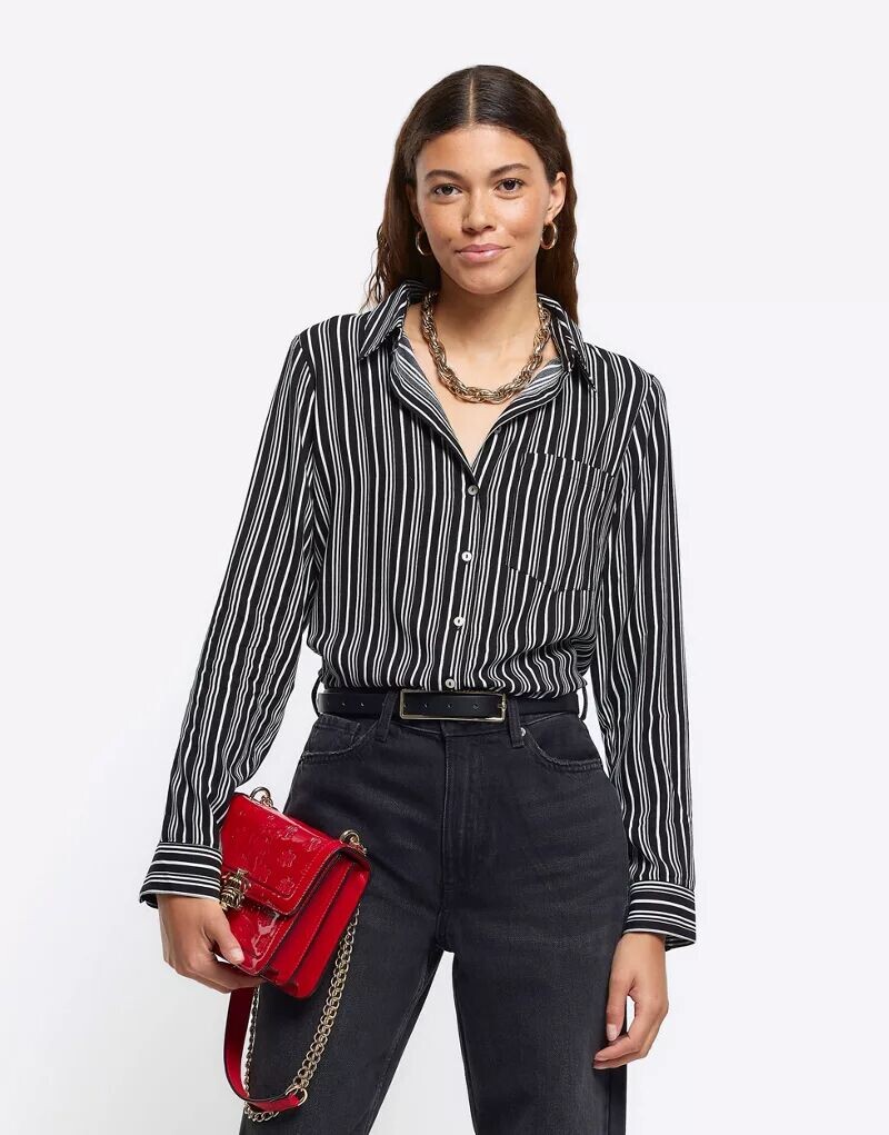 

Черная рубашка с длинными рукавами в полоску River Island