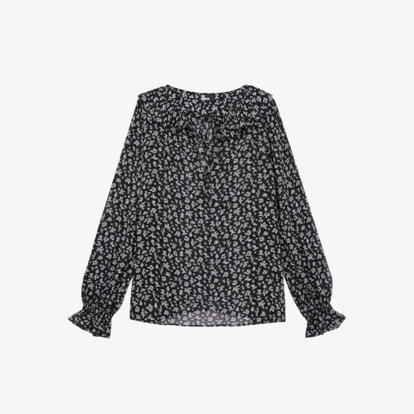 

Тканый топ с оборками на воротнике и цветочным принтом The Kooples, черный