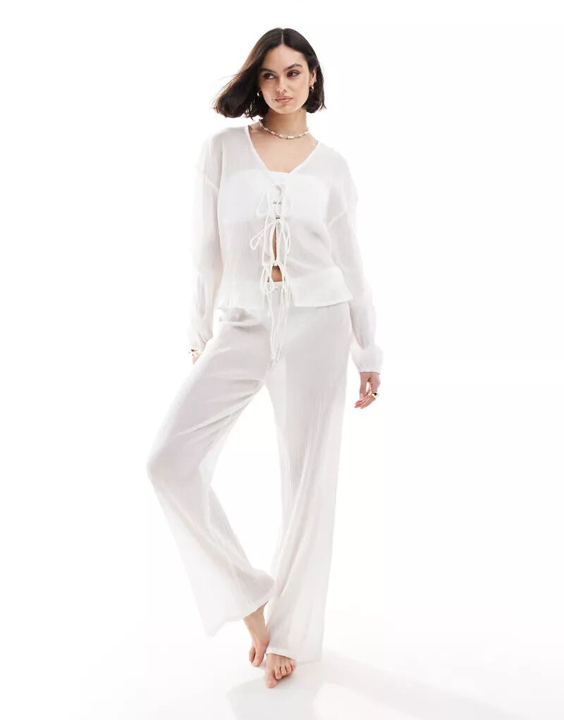 Белые прозрачные пляжные брюки с текстурированным шнурком Esmée
