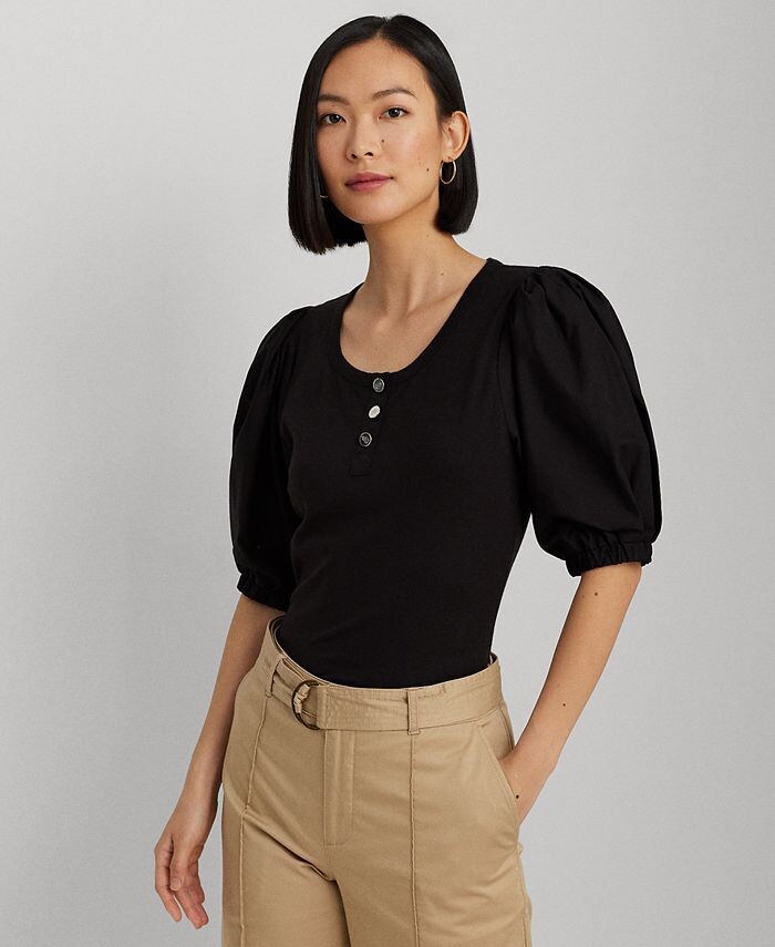 

Женская футболка Henley из эластичного хлопка с объемными рукавами Lauren Ralph Lauren, черный