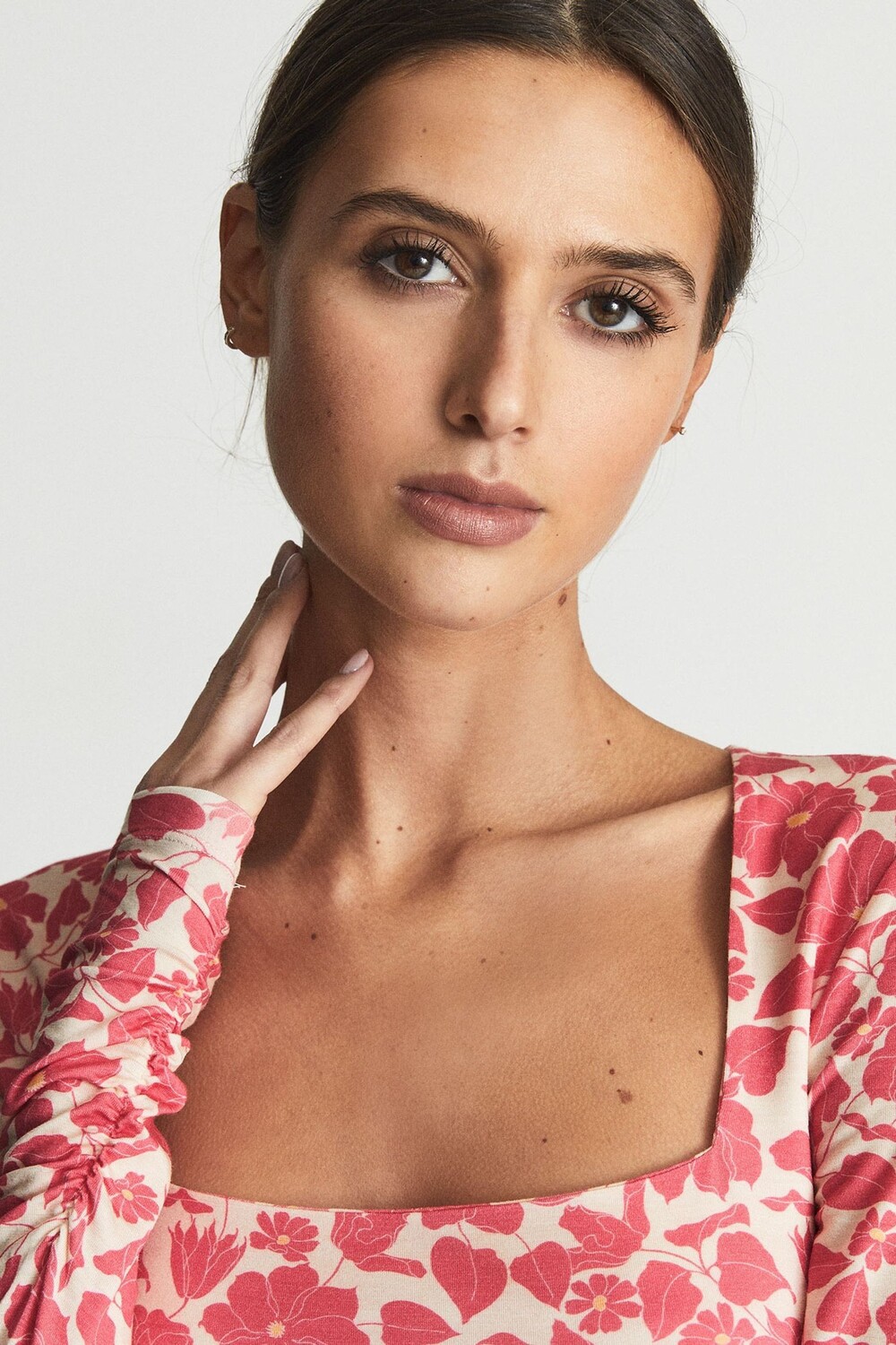 

Топ Jemima с принтом из джерси с оборками Reiss, розовый