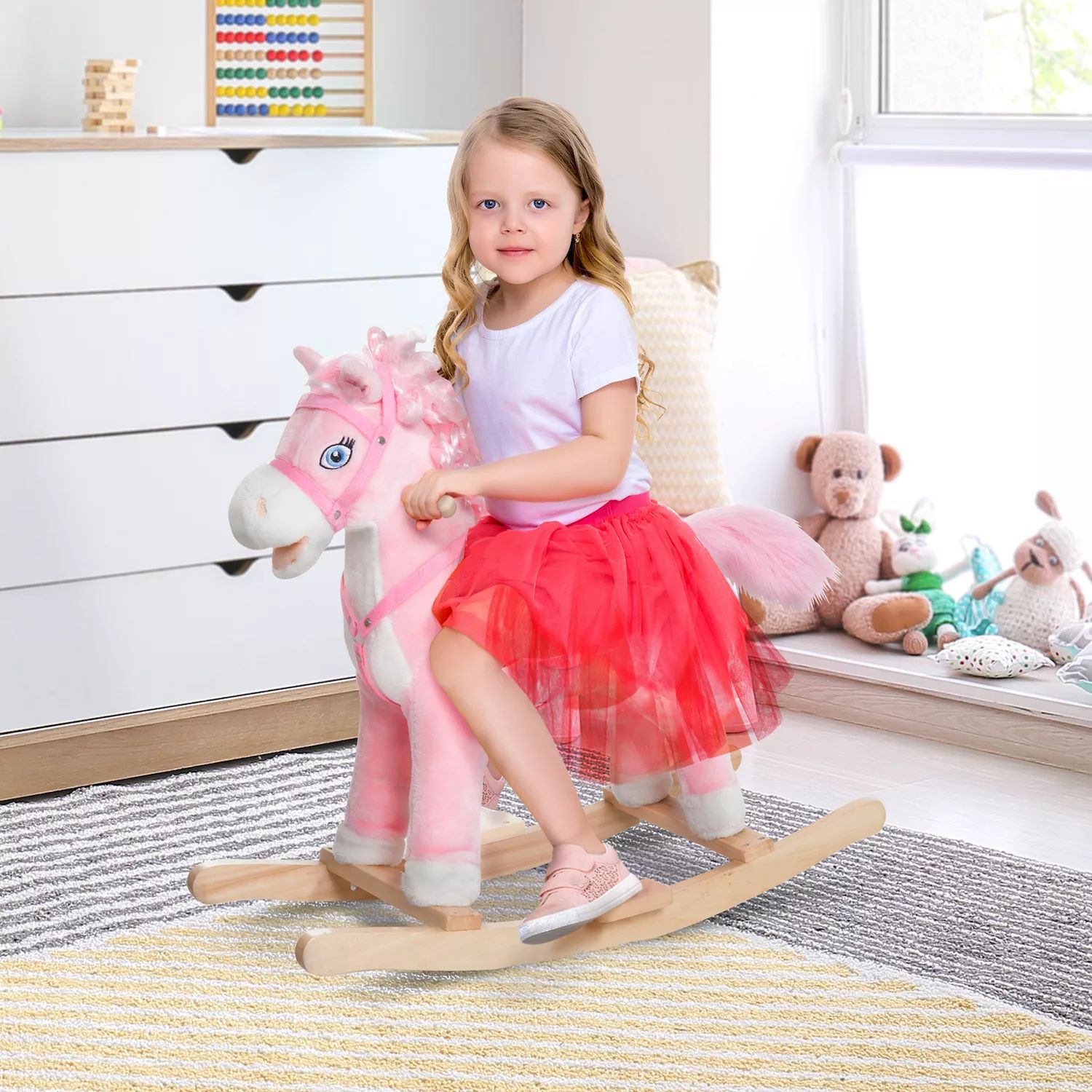 

Qaba Kids Ride on Rocking Horse Плюшевая игрушка для малышей с реалистичными звуками и качающимся хвостом для детей 3 лет Qaba