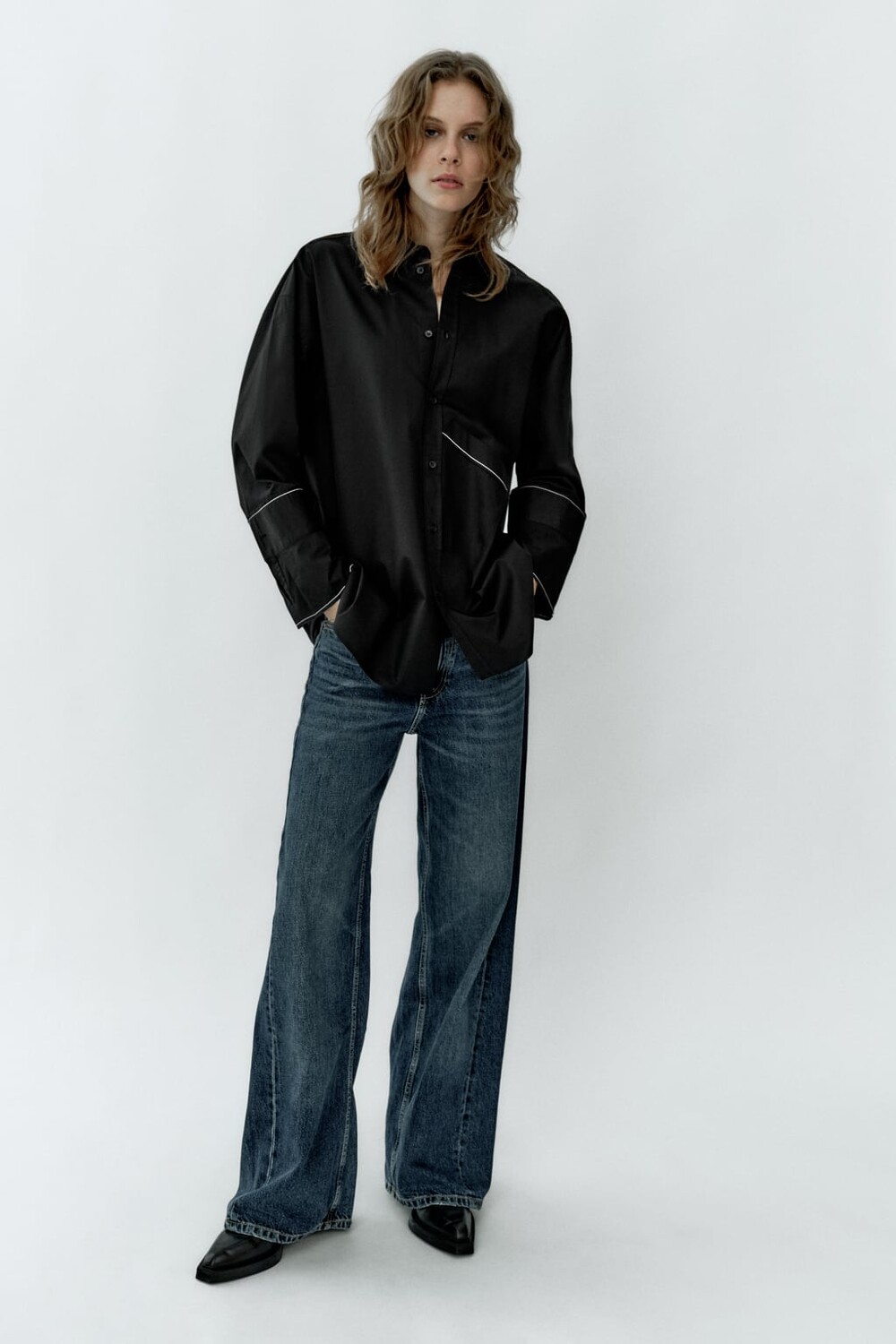 

Рубашка оверсайз с отстрочкой ZARA, черный