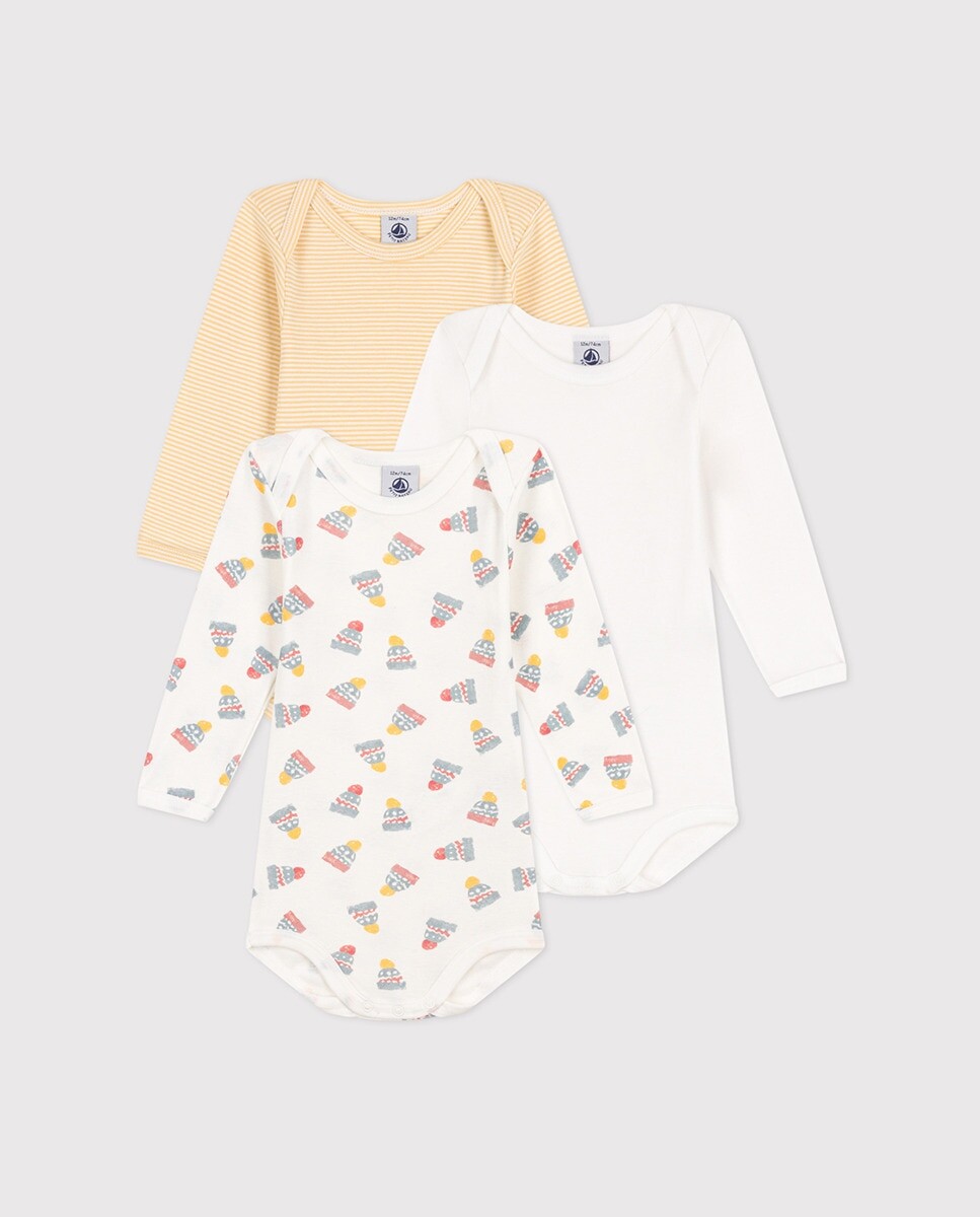 

Набор из 3 детских хлопковых боди с длинными рукавами и шапками Petit Bateau, разноцветные