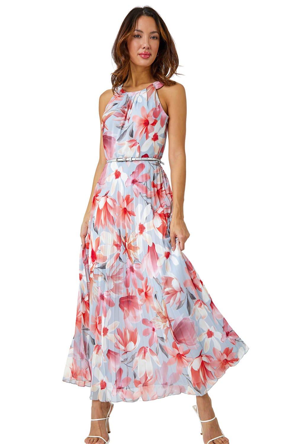 цена Плиссированное платье макси с цветочным принтом и вырезом халтер Roman, оранжевый
