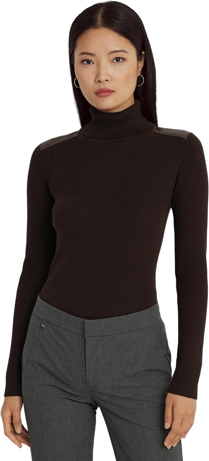 

Свитер Faux Leather-Trim Ribbed Turtleneck LAUREN Ralph Lauren, цвет Circuit Brown