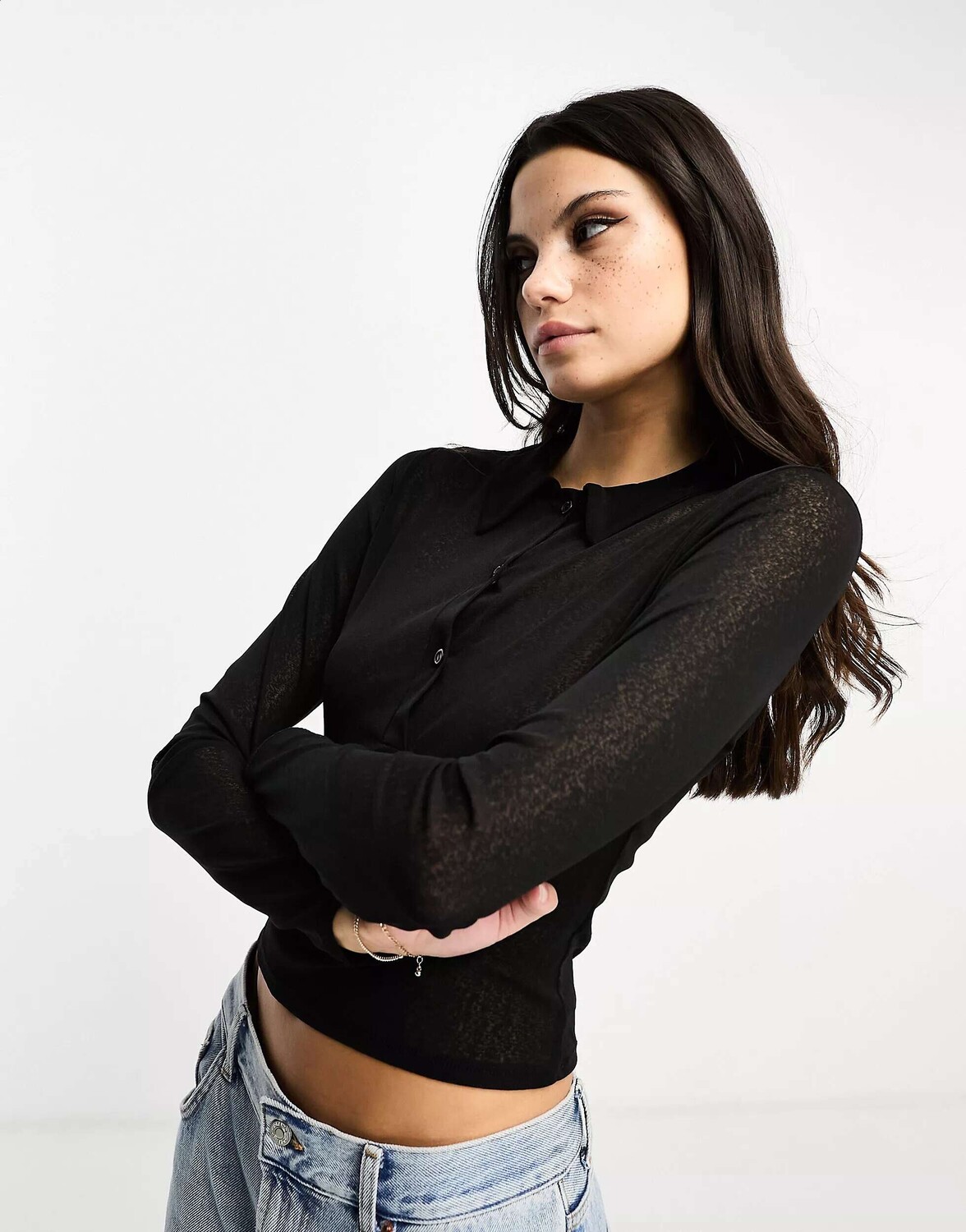 

Черный топ из прозрачной сетки на пуговицах ASOS