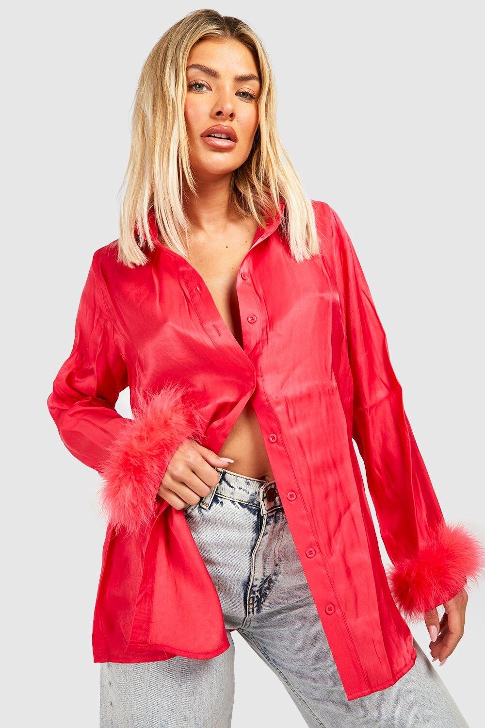 

Рубашка с перьями оверсайз Boohoo, малиновый