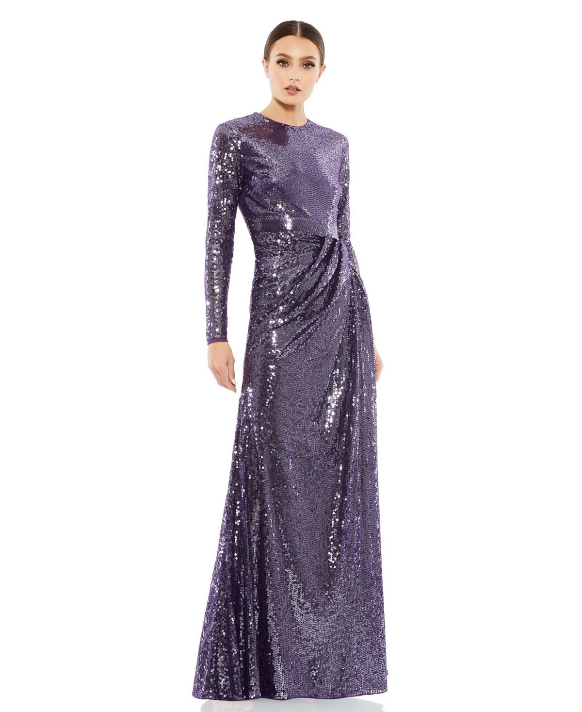 Женское драпированное платье с высоким воротником и длинными рукавами, расшитое пайетками MAC DUGGAL