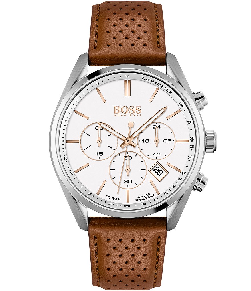 Мужские часы Hugo Boss с хронографом Champion коричневого цвета с перфорированным кожаным ремешком, коричневый