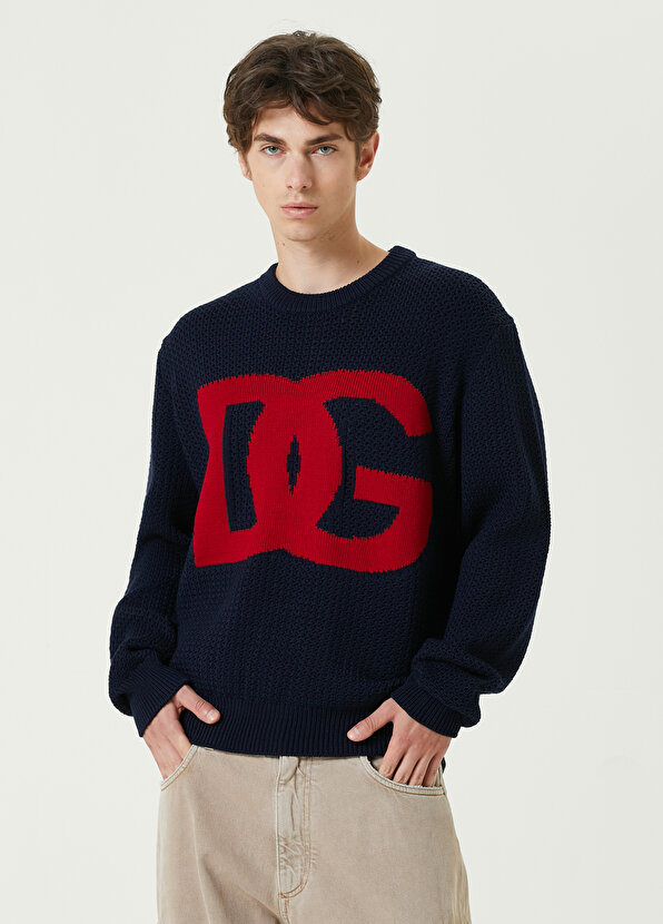 Темно-синий шерстяной жаккардовый свитер с логотипом Dolce&Gabbana