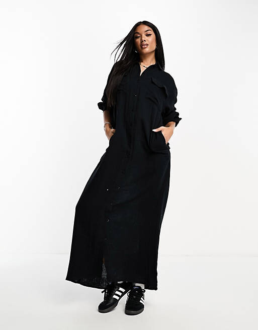 

Черное платье-рубашка макси в стиле оверсайз из двойной ткани ASOS DESIGN