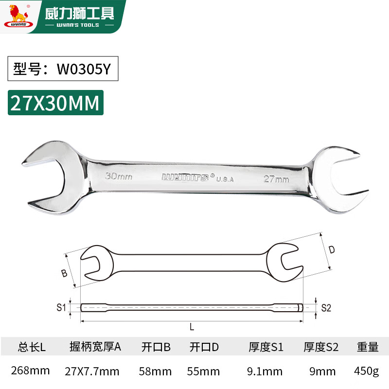 Гаечный ключ Wynns с открытым зевом, универсальный гаечный ключ, гаечный ключ из хромованадиевой стали, зеркально полированный, гаечный ключ для авторемонта, инструмент 27*30 мм