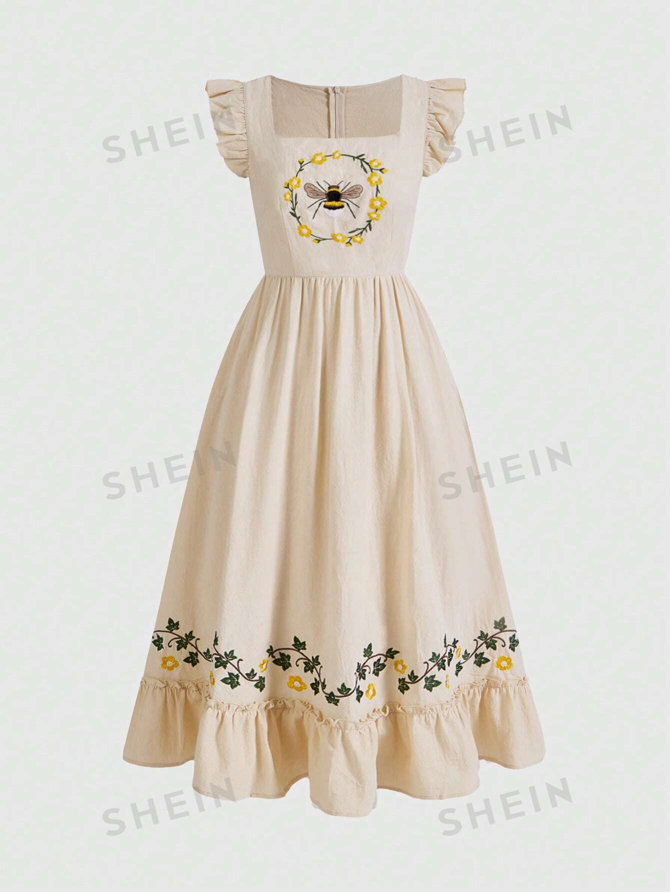 ROMWE Fairycore Vintage Cottagecore женское платье с вышивкой пчелы и развевающимися рукавами в стиле кантри, абрикос
