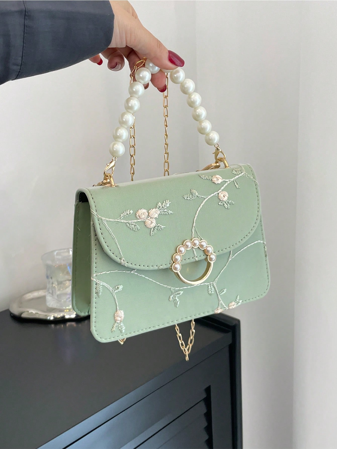 Мини-квадратная сумка с цветочной вышивкой, зеленый