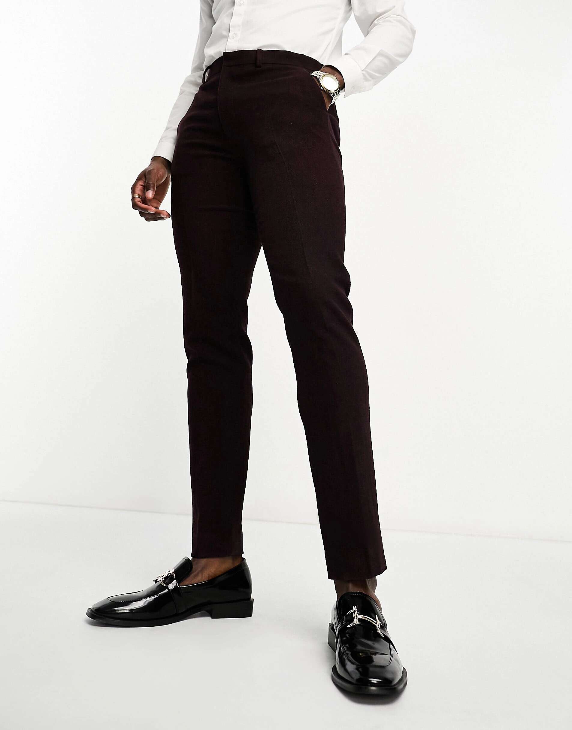 Бордовые узкие брюки из смесовой шерсти ASOS