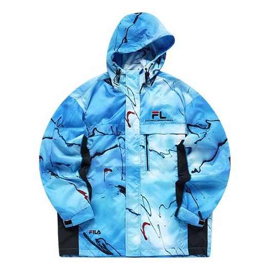 

Куртка Men's FILA FUSION x FUTURA Crossover Splash Ink Full Print Woven Sports Hooded Jacket Blue, синий