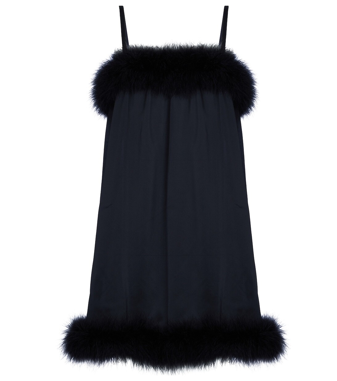 

Шелковое платье-комбинация с отделкой перьями SAINT LAURENT, черный