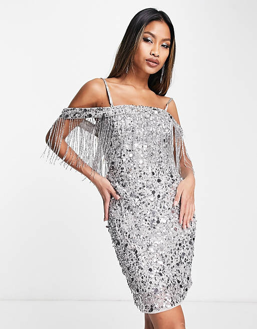 

Серебристое платье мини с кисточками и пайетками River Island