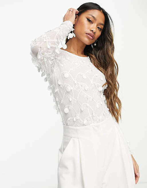 

Белый лиф с длинными рукавами и цветочным принтом YAS Bridal