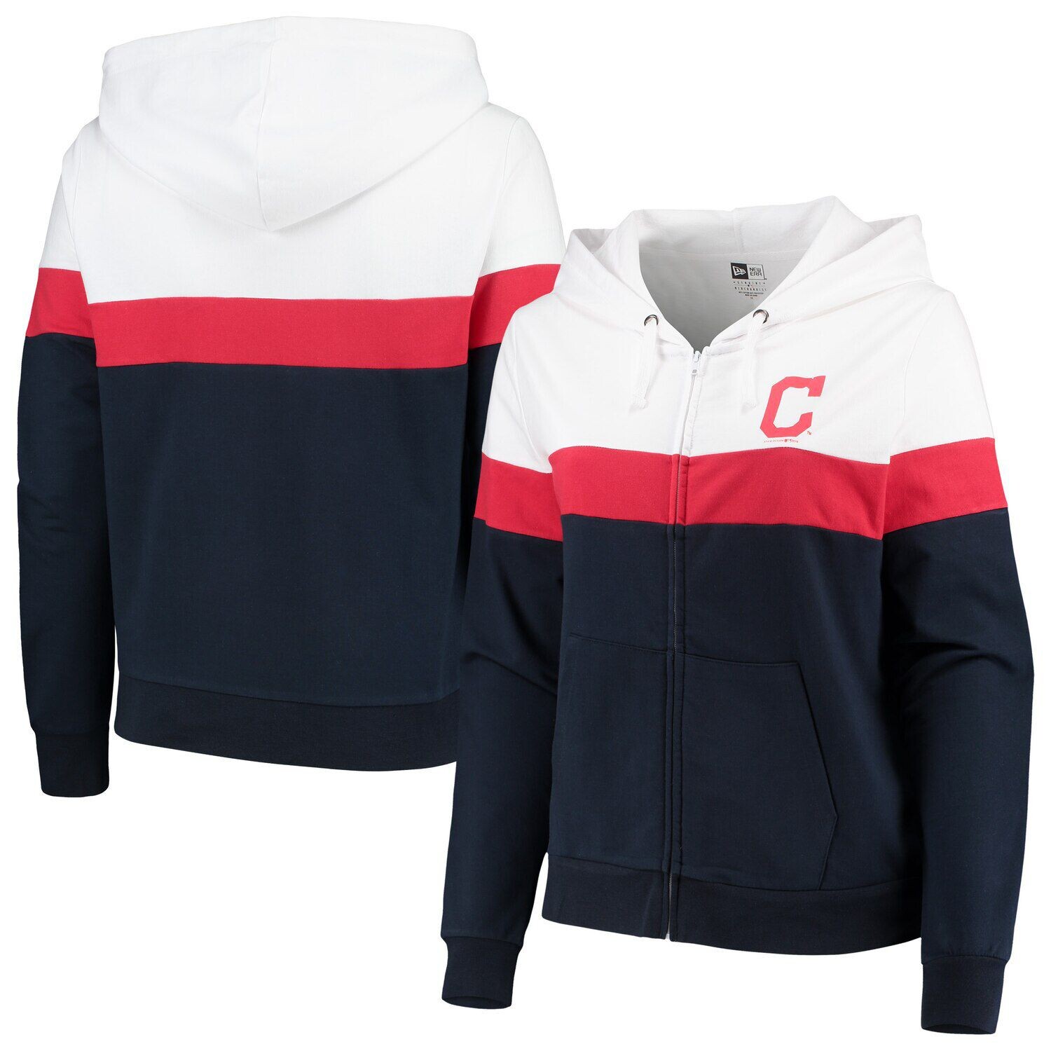 

Женская темно-синяя/белая толстовка с капюшоном New Era Cleveland Indians большого размера с цветными блоками и молнией во всю длину New Era