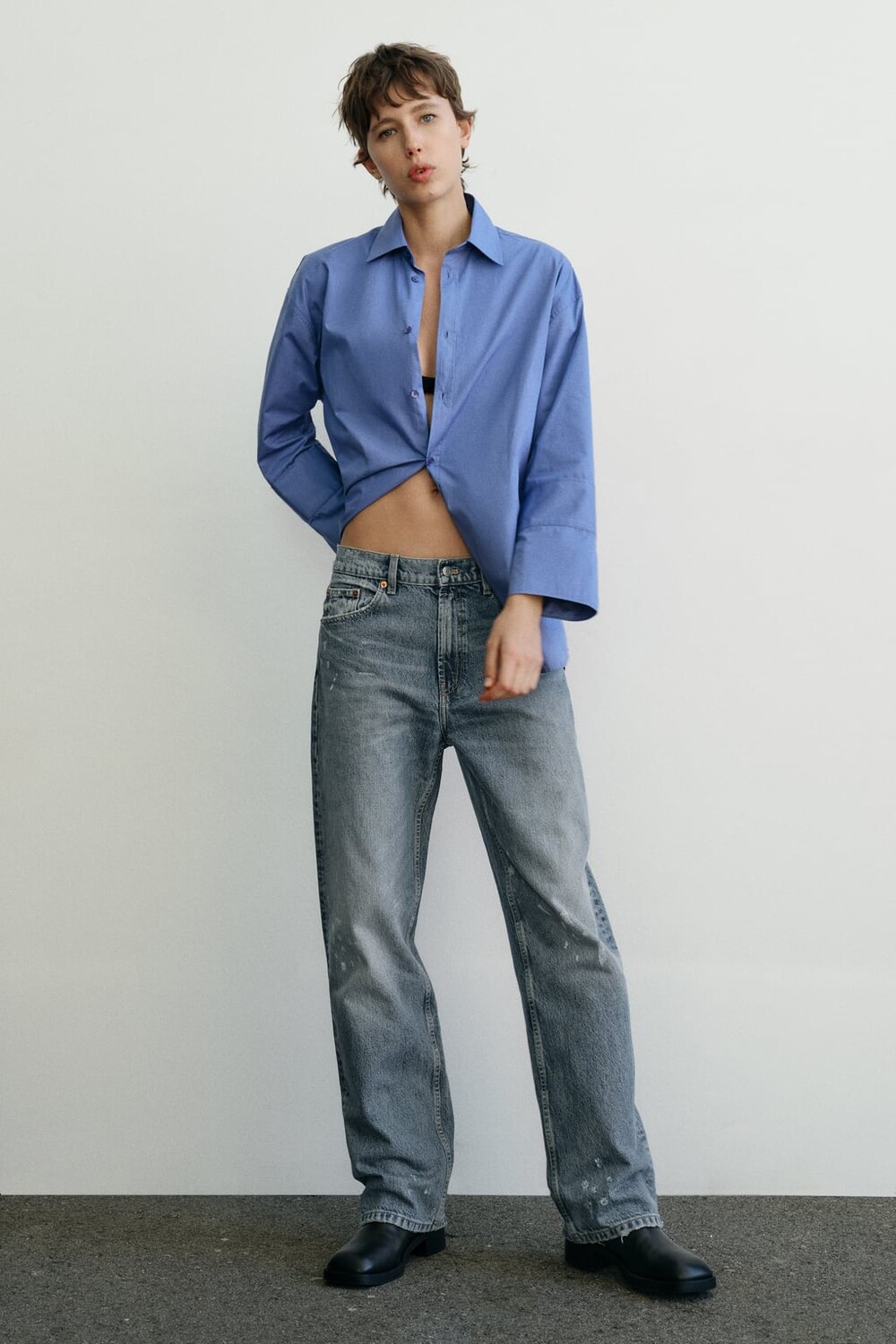 

Габардиновая рубашка оверсайз ZARA, синий