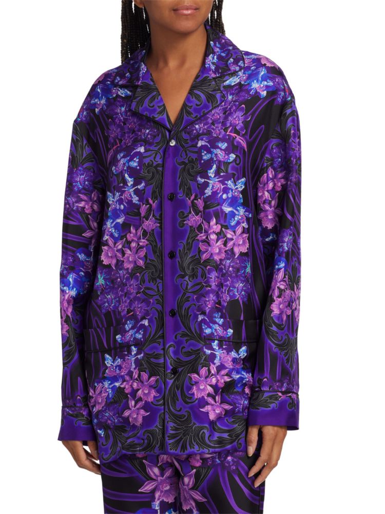 Шелковая пижамная рубашка с цветочным принтом Versace, цвет Black Orchid фотографии