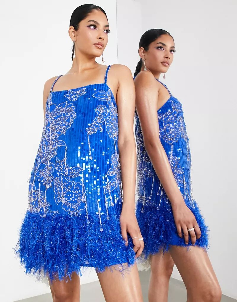цена Ярко-синее мини-платье ASOS с цветочным узором из бисера и пайеток и подолом из искусственных перьев