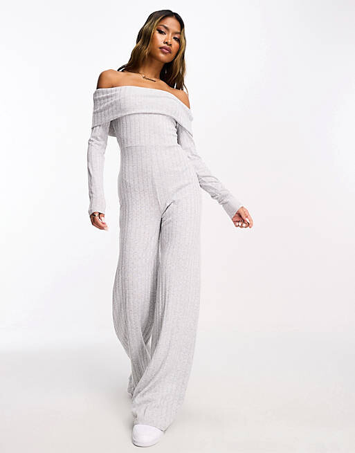 

Серый комбинезон с отложным воротником в рубчик ASOS DESIGN